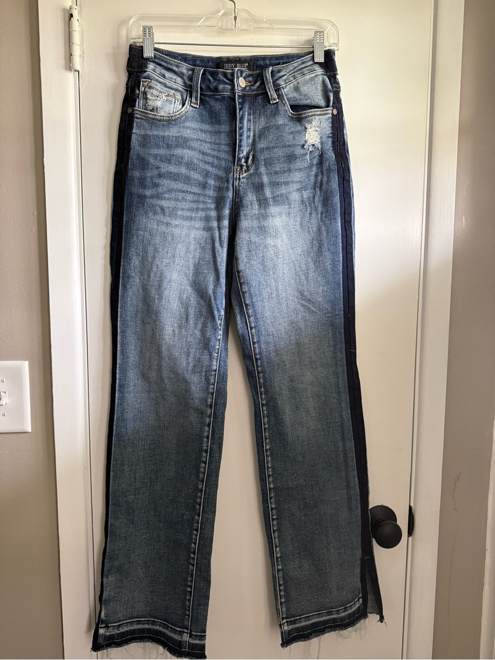 Judy Blue Two-Tone Raw Hem Straight Jeans Side Stripe, Size 5/27